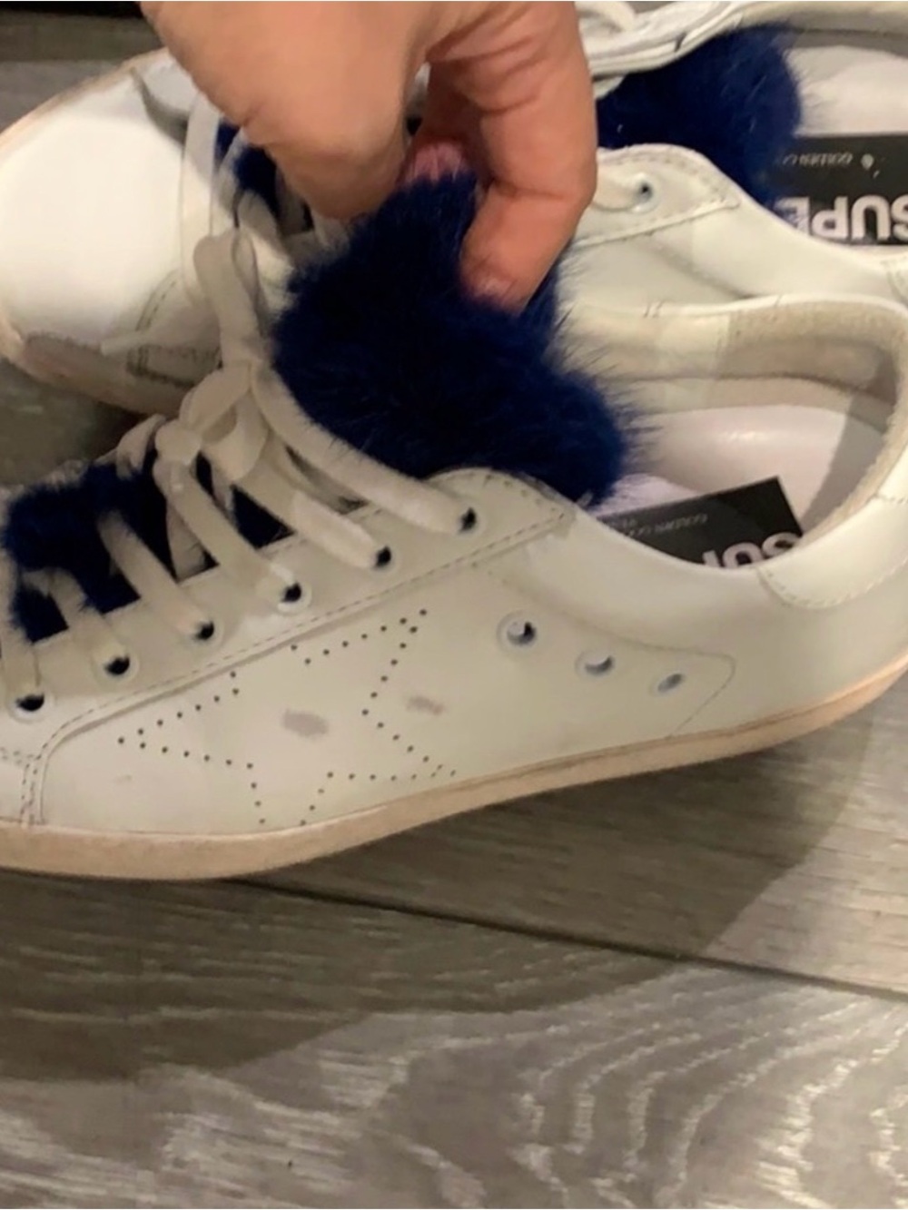 Golden Goose White Kids Sneakers with Navy Blue Faux Fur Tongue